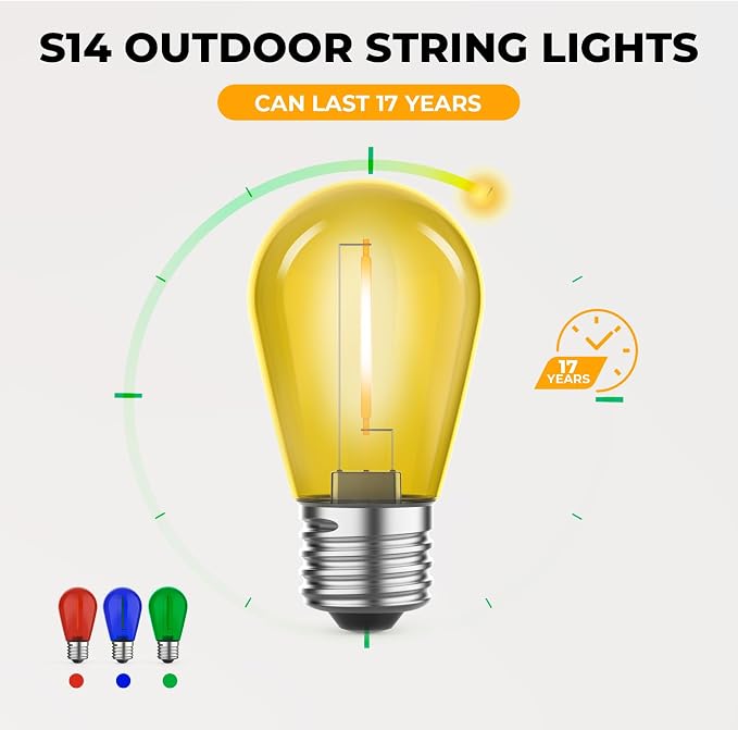 15 Pack S14 Colored LED String Light Bulbs, 1W Plastic Shatterproof Replacement - Image 5