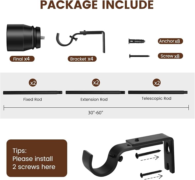 1” Diameter Matte Black Curtain Rod Itself is 30-60 inch 2 Pack, Fit 30 to 56 - Image 2