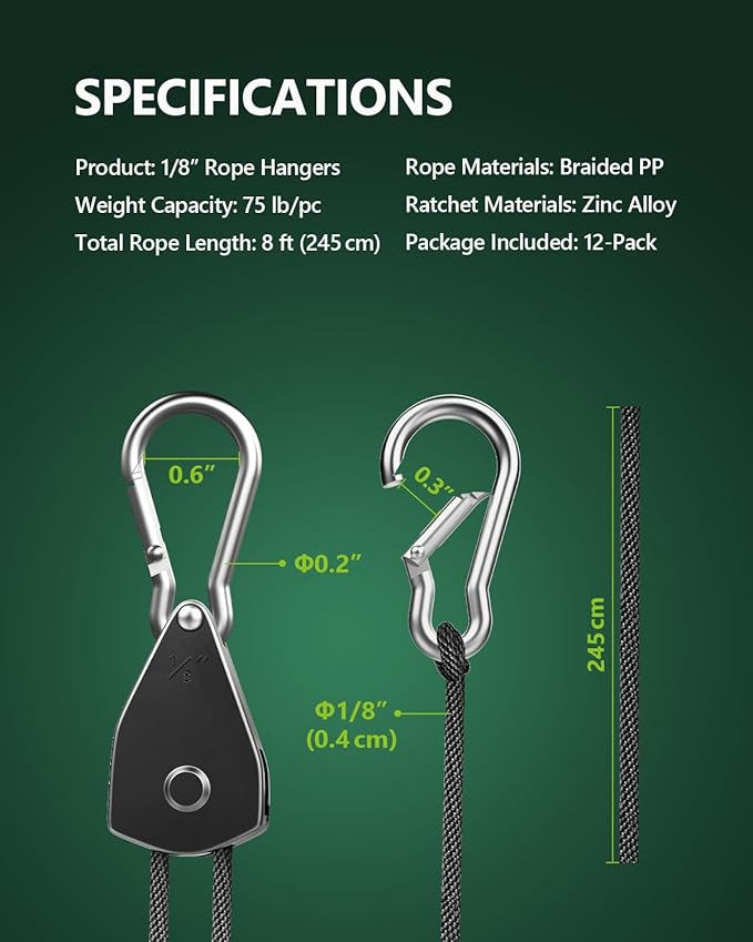 12-Pack 1/8” Adjustable Rope Hanger, Heavy Duty Ratchet Tie Down Strap - Image 6