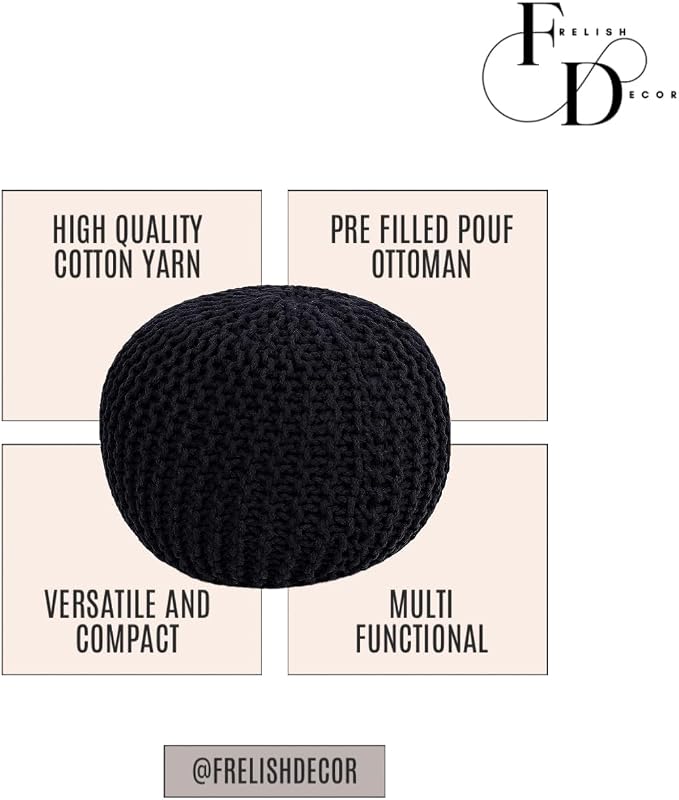 FRELISH DECOR Round Pouf Ottoman Hand Knitted 100% Cotton Pouf Foot Stool - Image 4