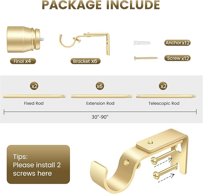 1” Diameter Gold Curtain Rod Itself is 30-90 Inch 2 Pack, Fit 30 to 84 Inch - Image 2