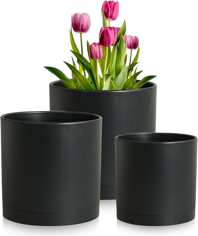 12/10/8 inch Large Deep Plant Pots, 3 Pack Tall Cylinder Flower Pots by Meowell