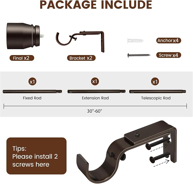 1” Diameter brown curtain rod Itself is 30 to 60 inch. 1 Pack Fits 30-54 inch - Image 2