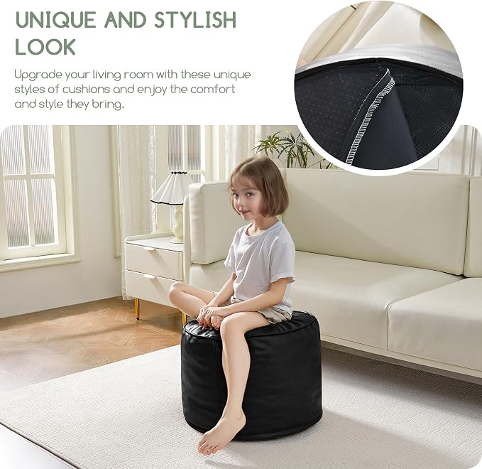 HIGOGOGO Round Stuffed Pouf Ottoman, Pu Leather Poufs - Image 9