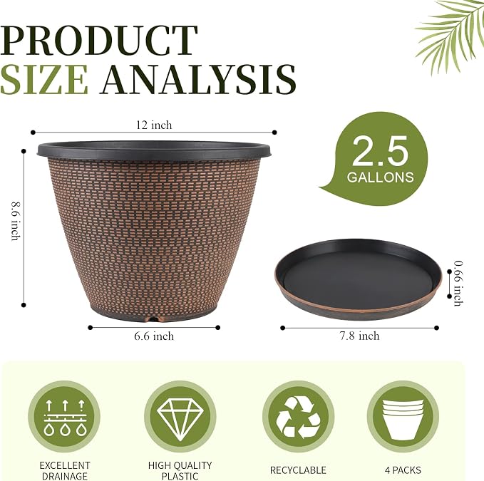 12 inch Pots for Plants, 4 Pack Large Outdoor Planter Pot - Image 2