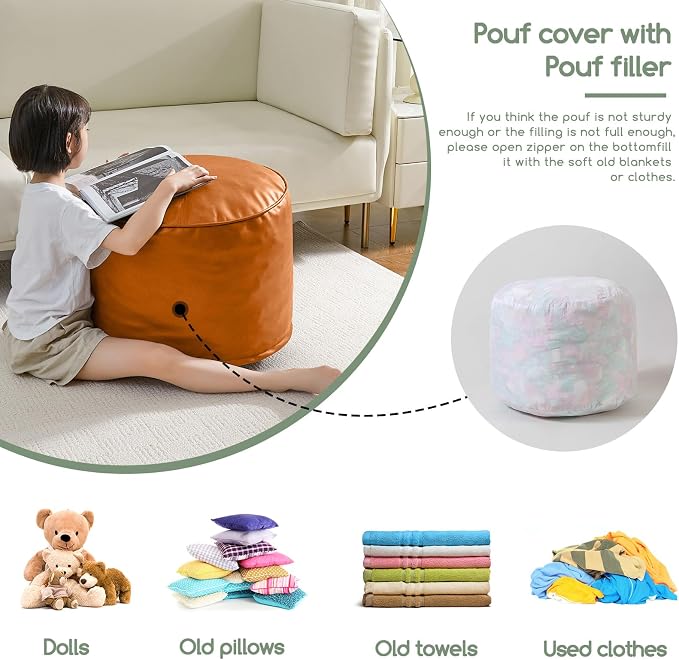 HIGOGOGO Round Stuffed Pouf Ottoman, Pu Leather Poufs - Image 3