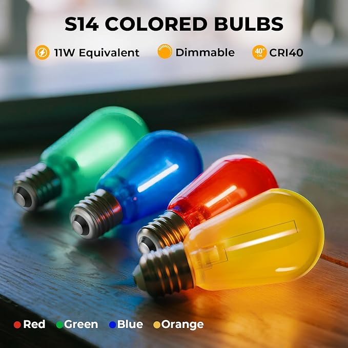 15 Pack S14 Colored LED String Light Bulbs, 1W Plastic Shatterproof Replacement - Image 2
