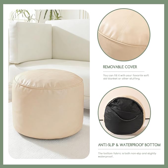 HIGOGOGO Round Stuffed Pouf Ottoman, Pu Leather Poufs - Image 4