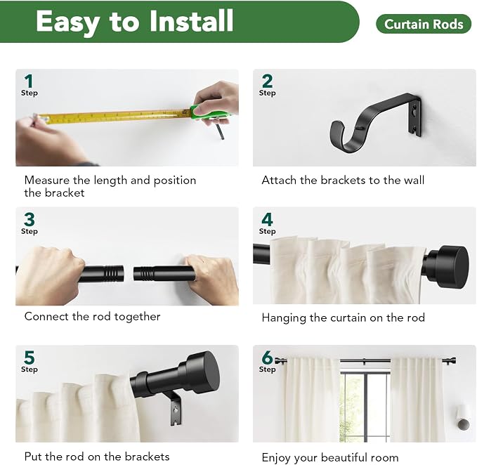 Time Forest Black Curtain Rods for Windows 48 to 84 Inch, 1 Inch Diameter - Image 8