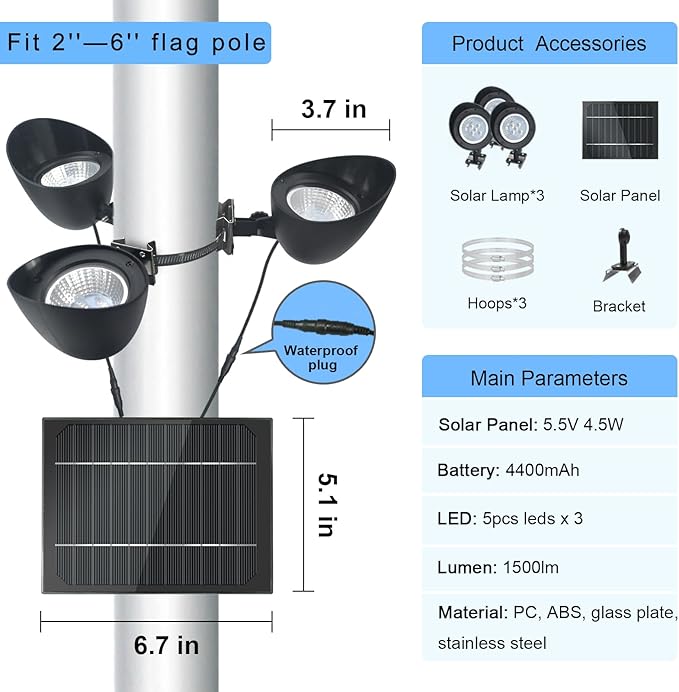 Solar Flag Pole Light, 3 Super-Spotlights LEDs, Adjustable Metal Clamps Fits - Image 5