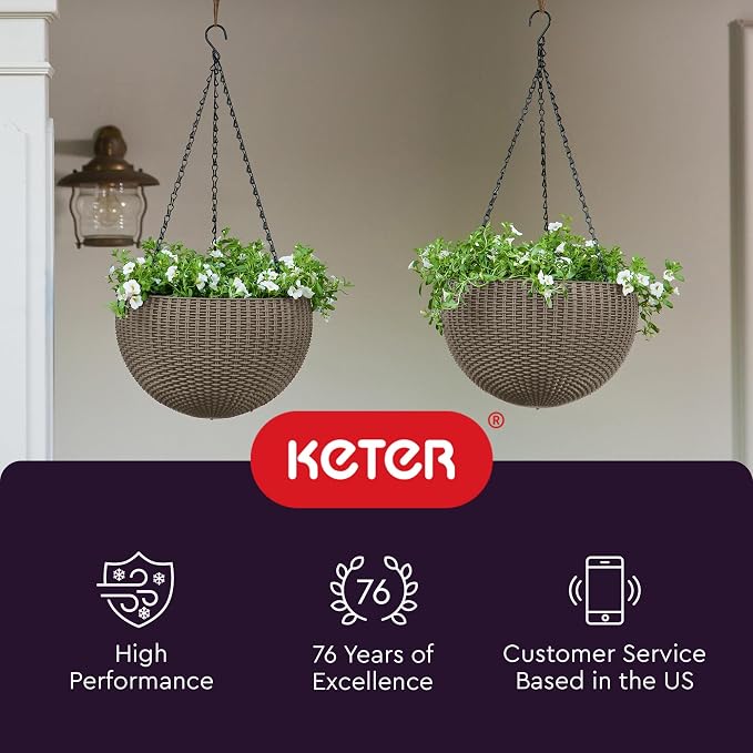 Keter Resin Rattan Set of 2 Round Hanging Planter Baskets - Image 2