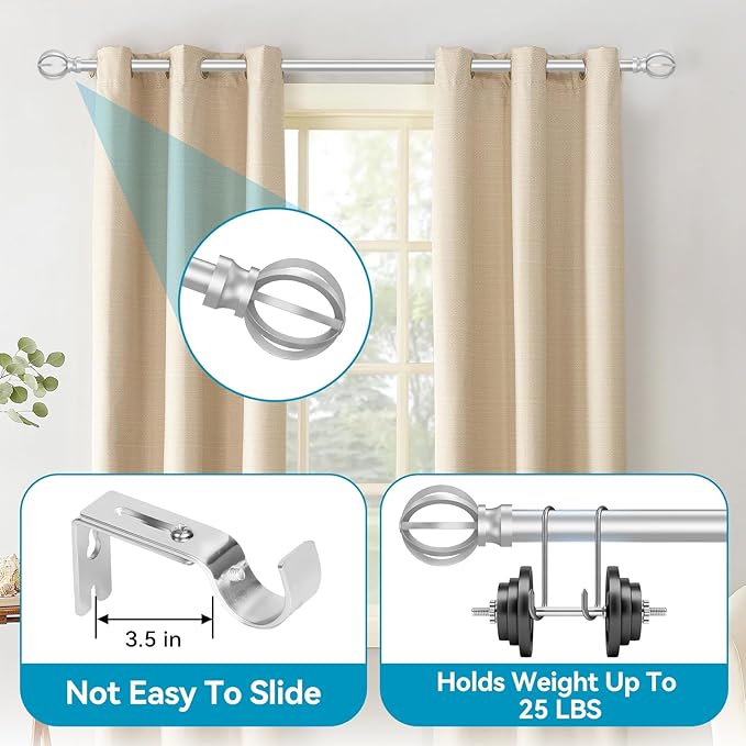 Silver Curtain Rods for Windows 48 to 84, 2 Pack 5/8 Inch Black Heavy Duty - Image 2