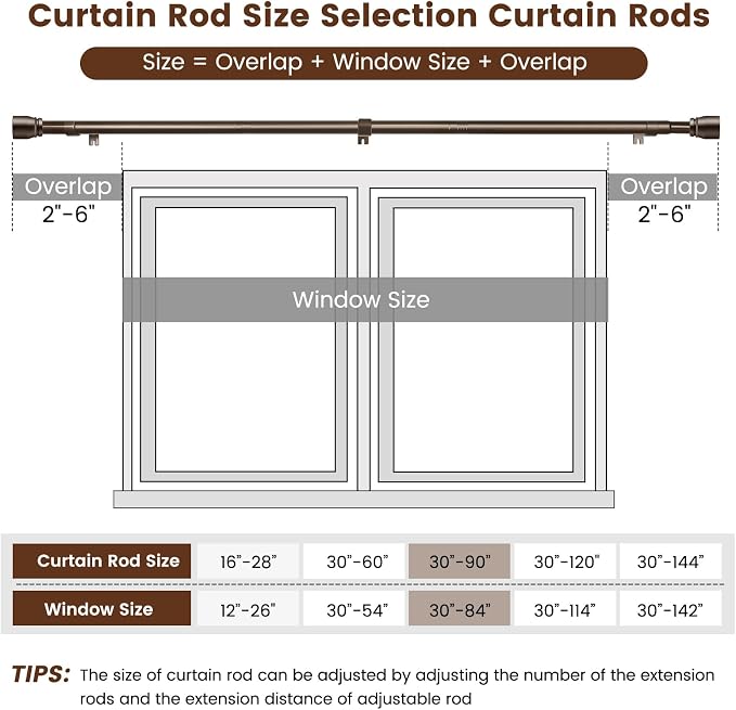 1” Diameter brown curtain rod Itself is 30 to 90 inch. 1 Pack Fits 30-84 inch - Image 3