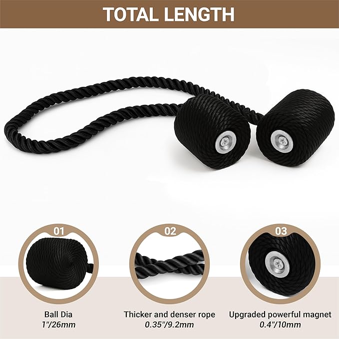 Hion Magnetic Curtain Tiebacks Black 2pcs, Curtain Tiebacks Buckles Holdbacks - Image 2