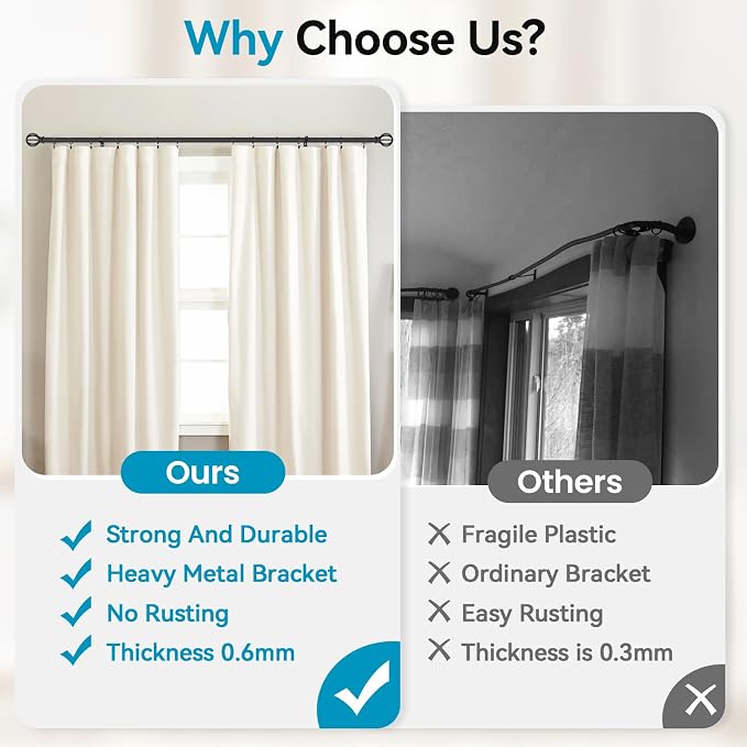 Curtain Rods for Windows 48 to 84, 5/8 Inch Black Heavy Duty Metal Curtain Rods - Image 3