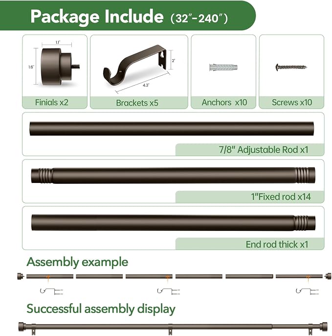 Curtain Rods for Windows 32 to 240, 1 Inch Adjustable Heavy Duty Long Window - Image 6