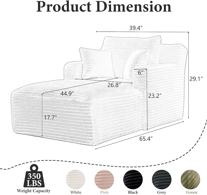 65.4" Chaise Lounge Chair Indoor, Oversized Boneless Couch Comfy Upholstered - Image 2