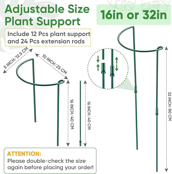 12 Pack 32 or 16 inch Adjustable Plant Support Stakes, Heavy-Duty Half Round - Image 2