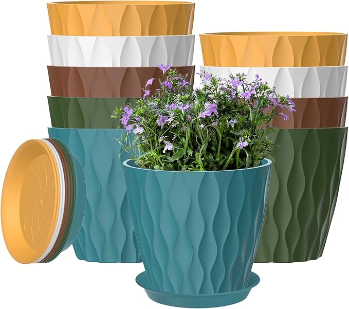 10 Pack 5 Inch Plant Pots with Drainage and Saucers, Stackable Nursery Planters by zople