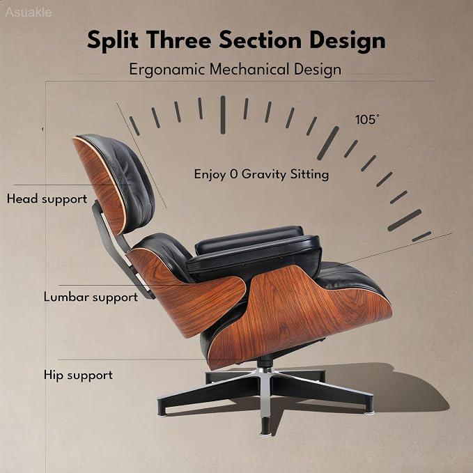 Top Black Grain Leather, Mid Century Chaise Lounge Chair and Ottoman, Accent - Image 8