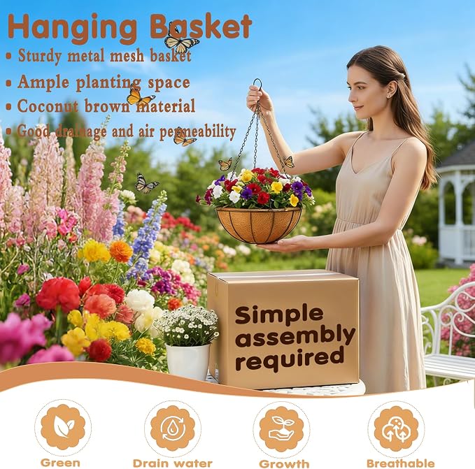 12 inch Metal Hanging Baskets For Plants Outdoor 4 Pack Round Metal Wire - Image 2