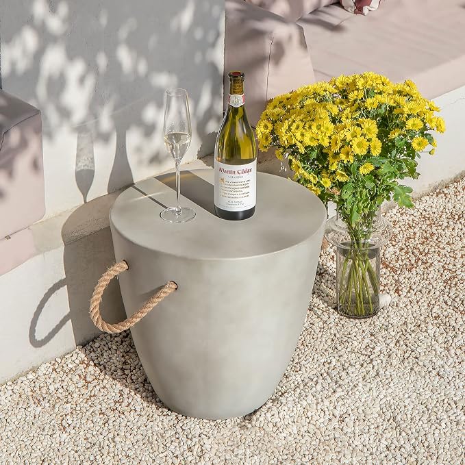 COSIEST Set of 2 Outdoor Cup Shaped Side Table, Concrete Side Table w Hemp Rope - Image 8