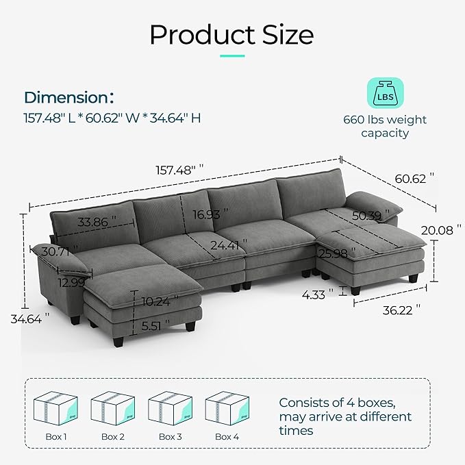 LINSY HOME 157'' Modular Sectional Sofa Grey Couch Corduroy Cloud Couches - Image 2
