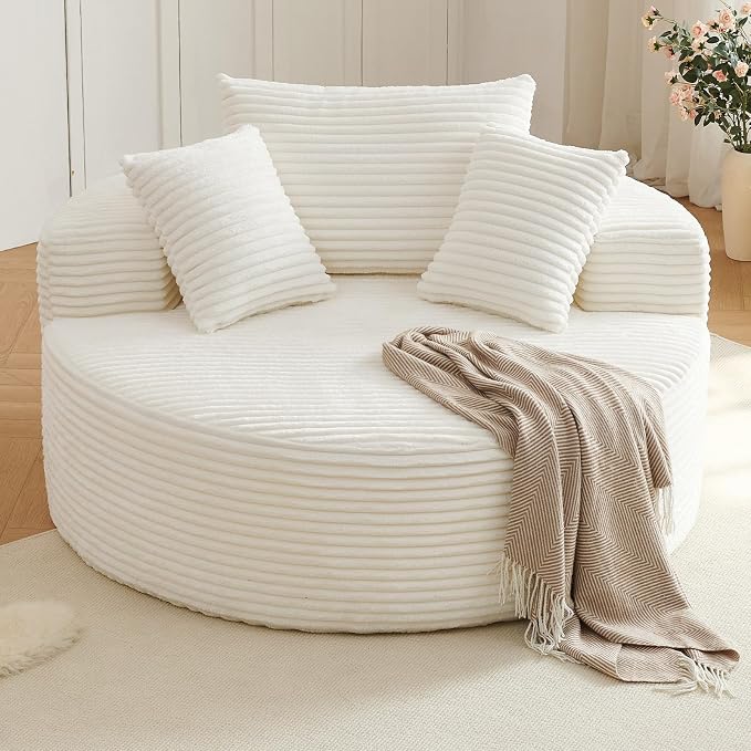 Oversized Round Chair Lounge Chaise Indoor, Upholstered Corduroy Deep Seat by Lakifun