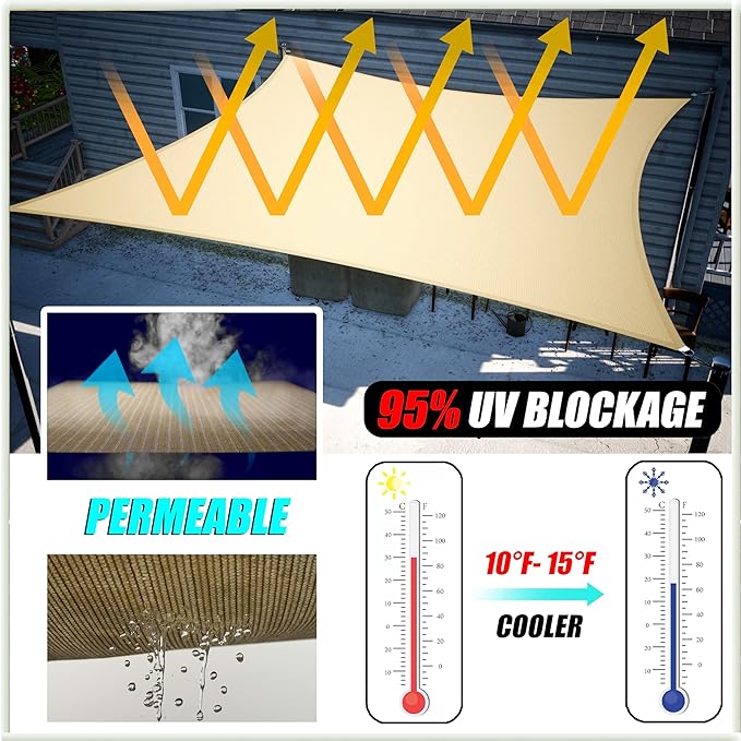 Amgo Custom Size 11' x 12' x 16.3' Beige Right Triangle Sun Shade Sail UPF50+ - Image 5