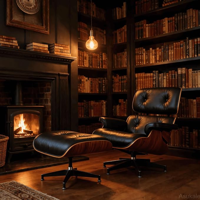 Top Black Grain Leather, Mid Century Chaise Lounge Chair and Ottoman, Leather - Image 5
