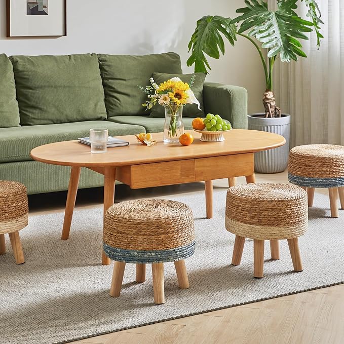 YMYNY Foot Stool Natural Seagrass Hand Weave, 12.6" Small Ottoman, Round - Image 8