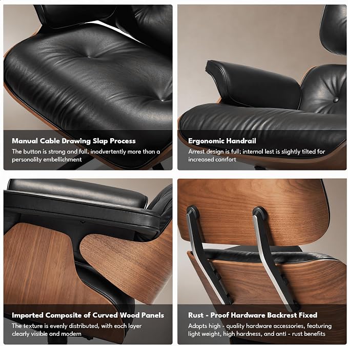 Top Black Grain Leather, Mid Century Chaise Lounge Chair and Ottoman, Accent - Image 7
