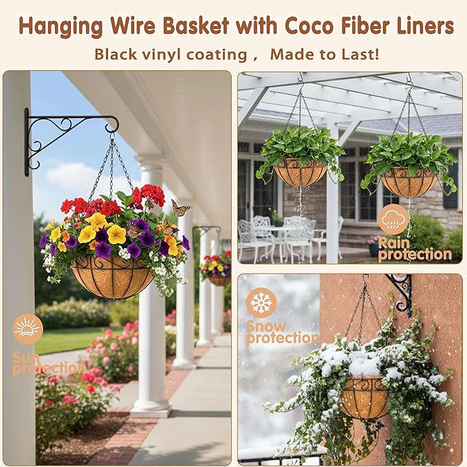 10 inch Metal Hanging Baskets For Plants Outdoor 4 Pack Round Metal Wire - Image 3