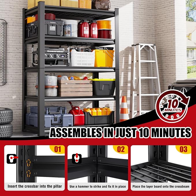 Set of 3 Garage Shelving-3000 lbs 5 Tier Storage Shelves, Adjustable Heavy Duty - Image 5