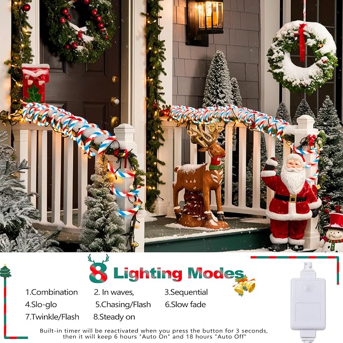 Jnaurb Christmas Candy Cane Lights, 66ft 480 LED Connectable White & Red & Blue - Image 3