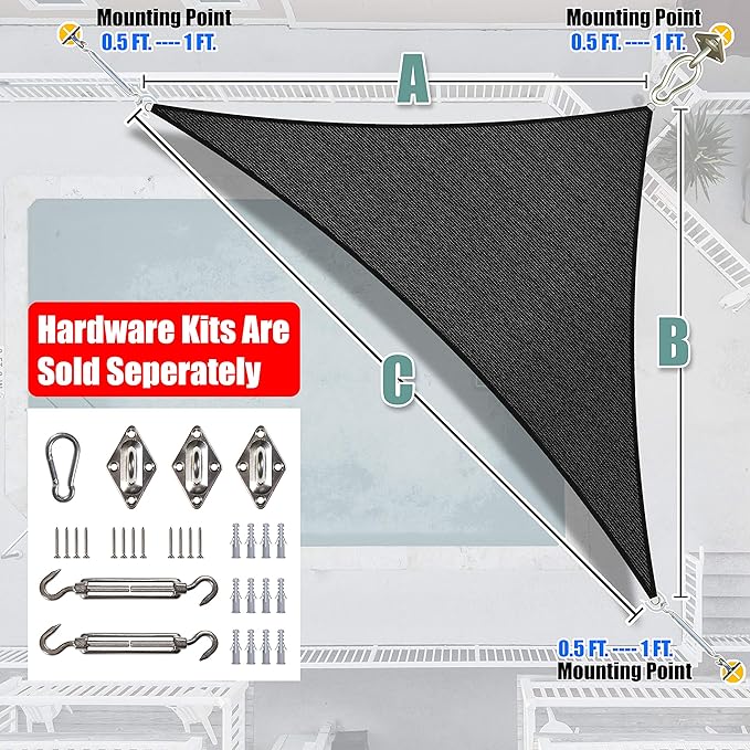 Amgo Custom Size 16' x 18' x 24.1' Black Right Triangle Sun Shade Sail Order to - Image 7