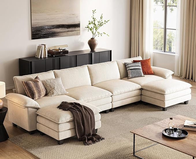 LINSY HOME 157'' Modular Sectional Sofa Beige Couch Corduroy Cloud Couches by LINSYHOME