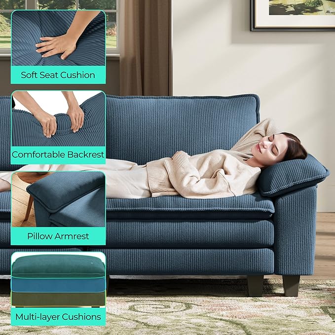 LINSY HOME 123'' Modular Sectional Sofa Blue Couch Corduroy Cloud Couches - Image 4
