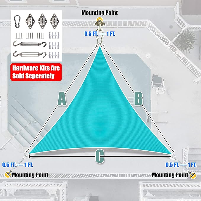 Amgo Custom Size 15' x 15' x 15' Turquoise Triangle Sun Shade Sail UPF50+ - Image 8