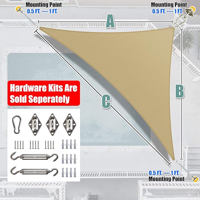 Amgo Custom Size 7' x 10' x 12.2' Sand Beige Right Triangle Sun Shade Sail - Image 7