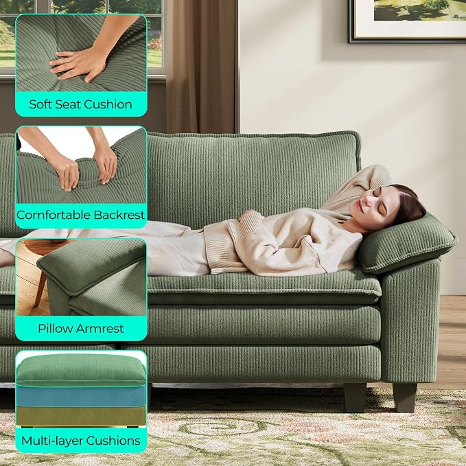 LINSY HOME 123'' Modular Sectional Sofa Green Couch Corduroy Cloud Couches - Image 3