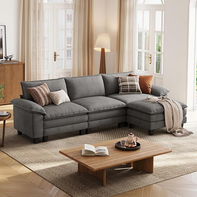 LINSY HOME 123'' Modular Sectional Sofa Grey Couch Corduroy Cloud Couches by LINSYHOME